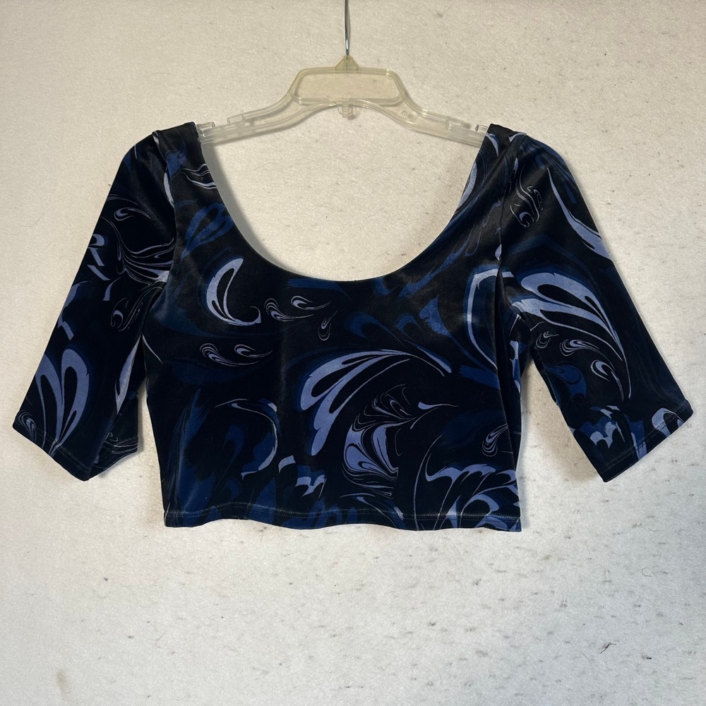 Athleta Velvet Crop Top Blue Black Swirl Marble Print Scoop Neck Medium